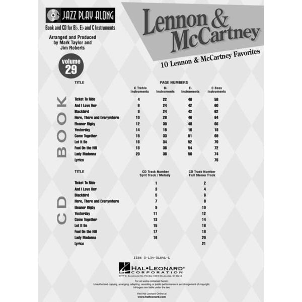 Hal Leonard Jazz Play-Along Lennon Cartney