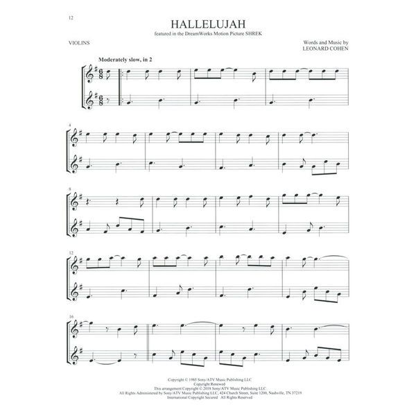 Hal Leonard Movie Songs For Two Violins
