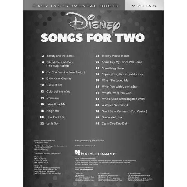 Hal Leonard Disney Songs For Two Violin