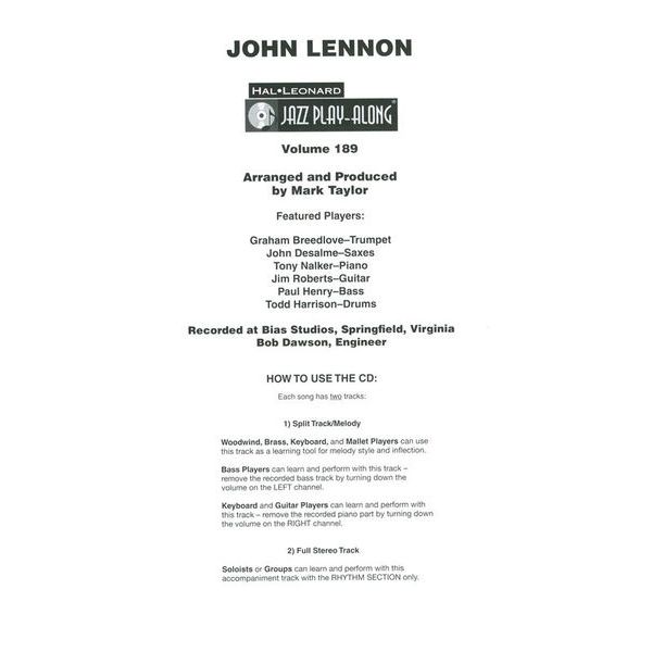 Hal Leonard Jazz Play-Along John Lennon