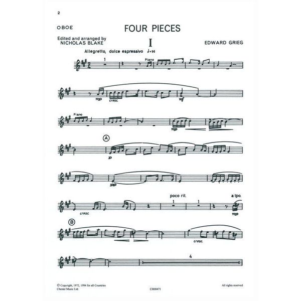 Chester Music Grieg Four Pieces Oboe