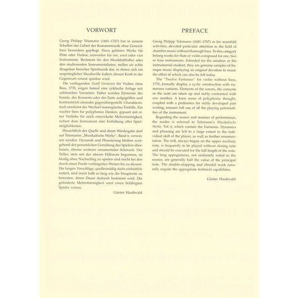 Brenreiter Telemann 12 Fantasien Violin