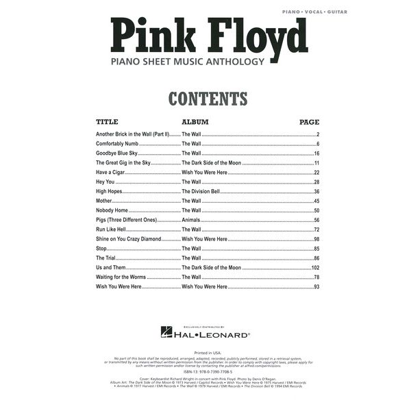 Hal Leonard Pink Floyd Anthology Piano