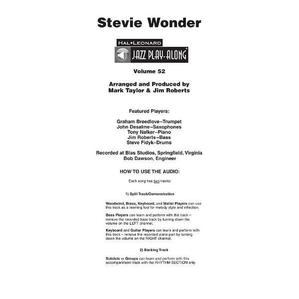 Hal Leonard Jazz Play-Along Stevie Wonder