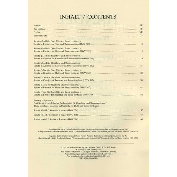 Brenreiter Hndel Elf Sonaten für Fl&ouml;te