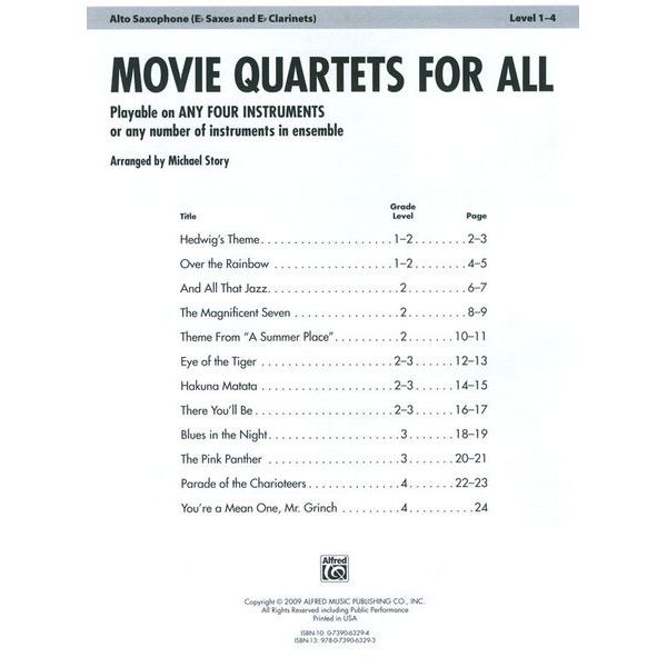 Alfred Music Publishing Movie Quartets for All A-Sax