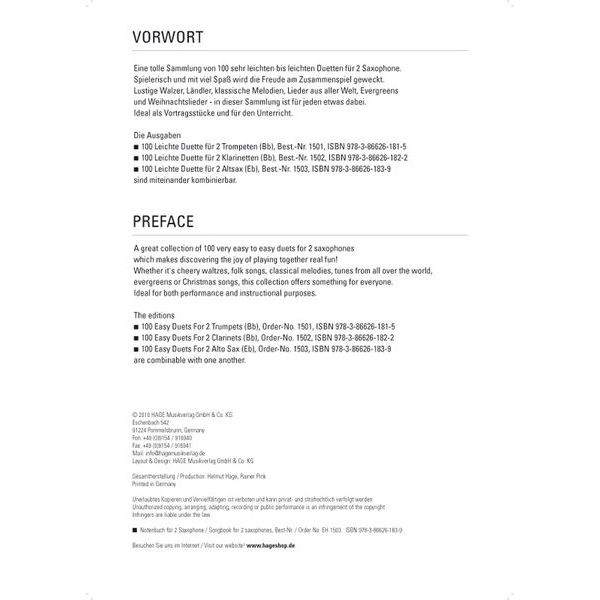 Hage Musikverlag 100 Leichte Duette Saxophon