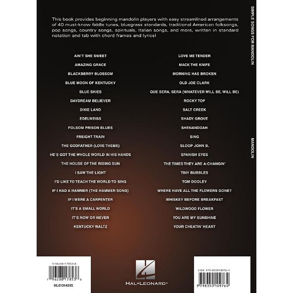 Hal Leonard Simple Songs For Mandolin