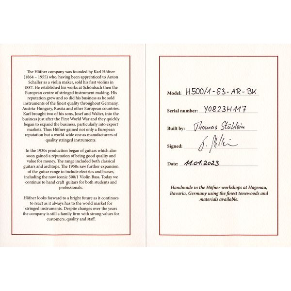 H&ouml;fner H500/1 Artist Violin Bass BK