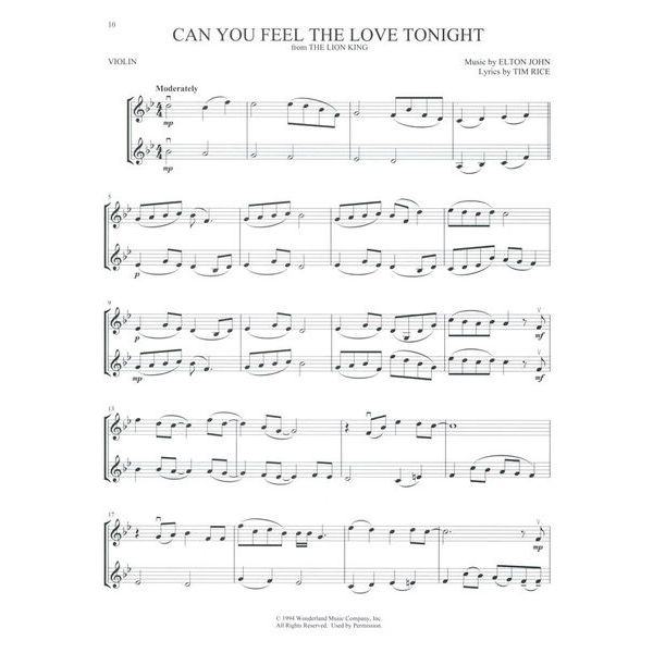 Hal Leonard Disney Songs For Violin Duet