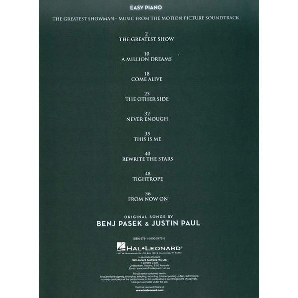 Hal Leonard The Greatest Showman Easy P.