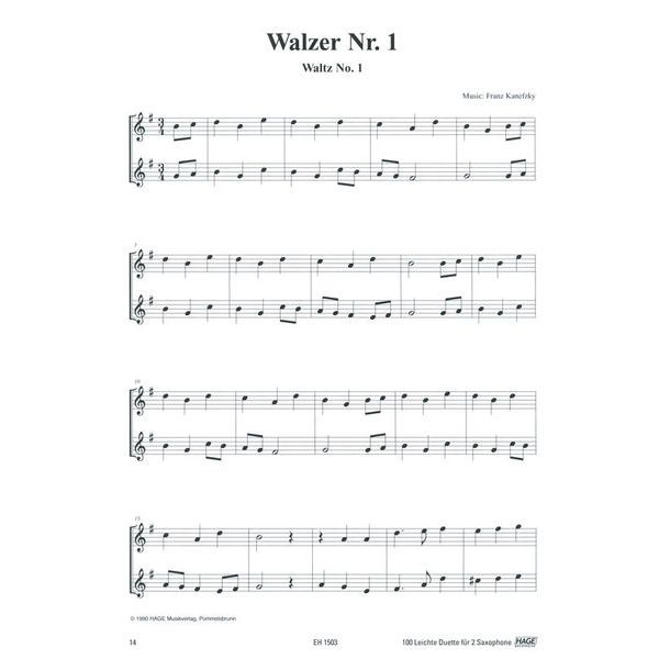 Hage Musikverlag 100 Leichte Duette Saxophon
