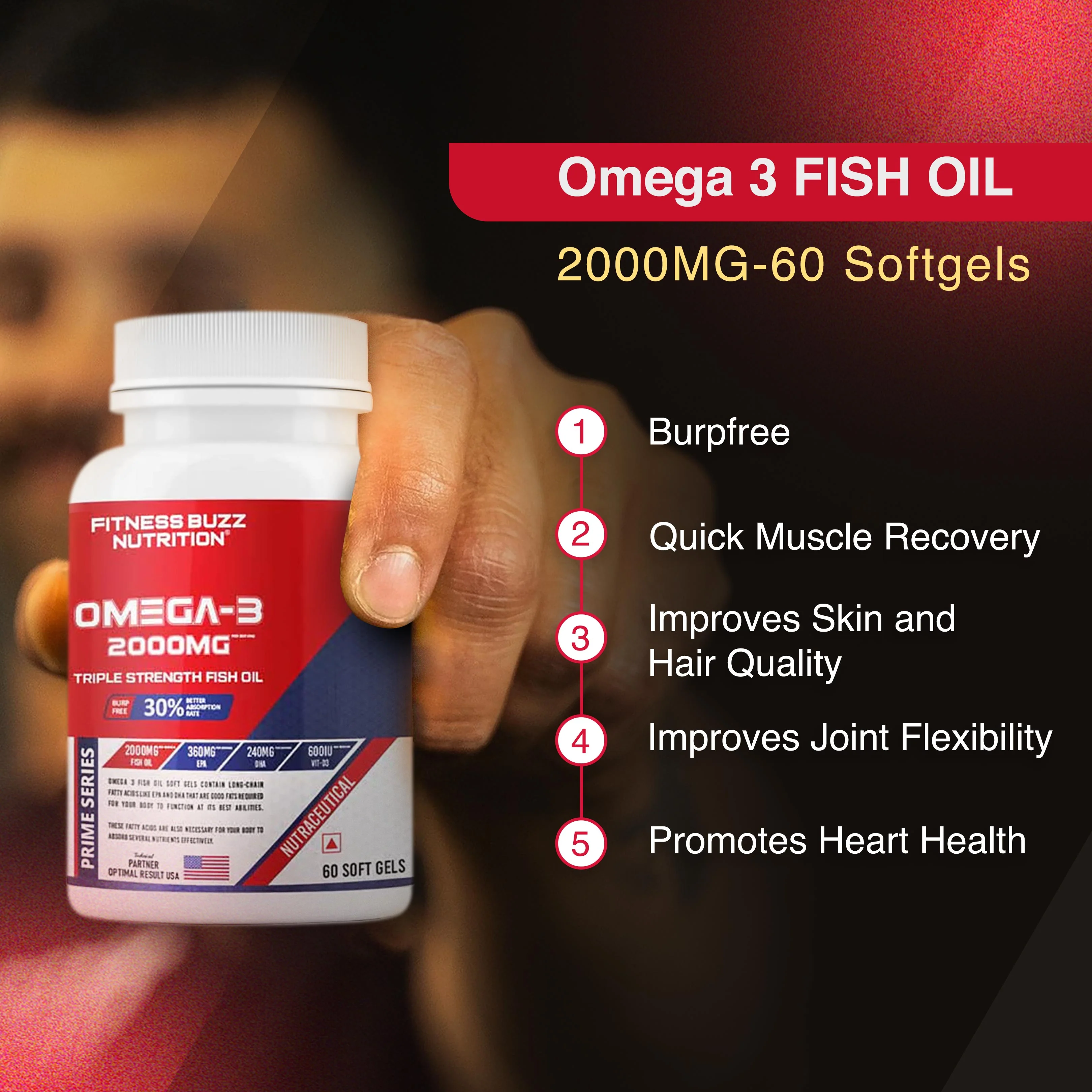 FITNESS BUZZ BURPFREE Omega 3 FISH OIL 2000MG-60 Softgels