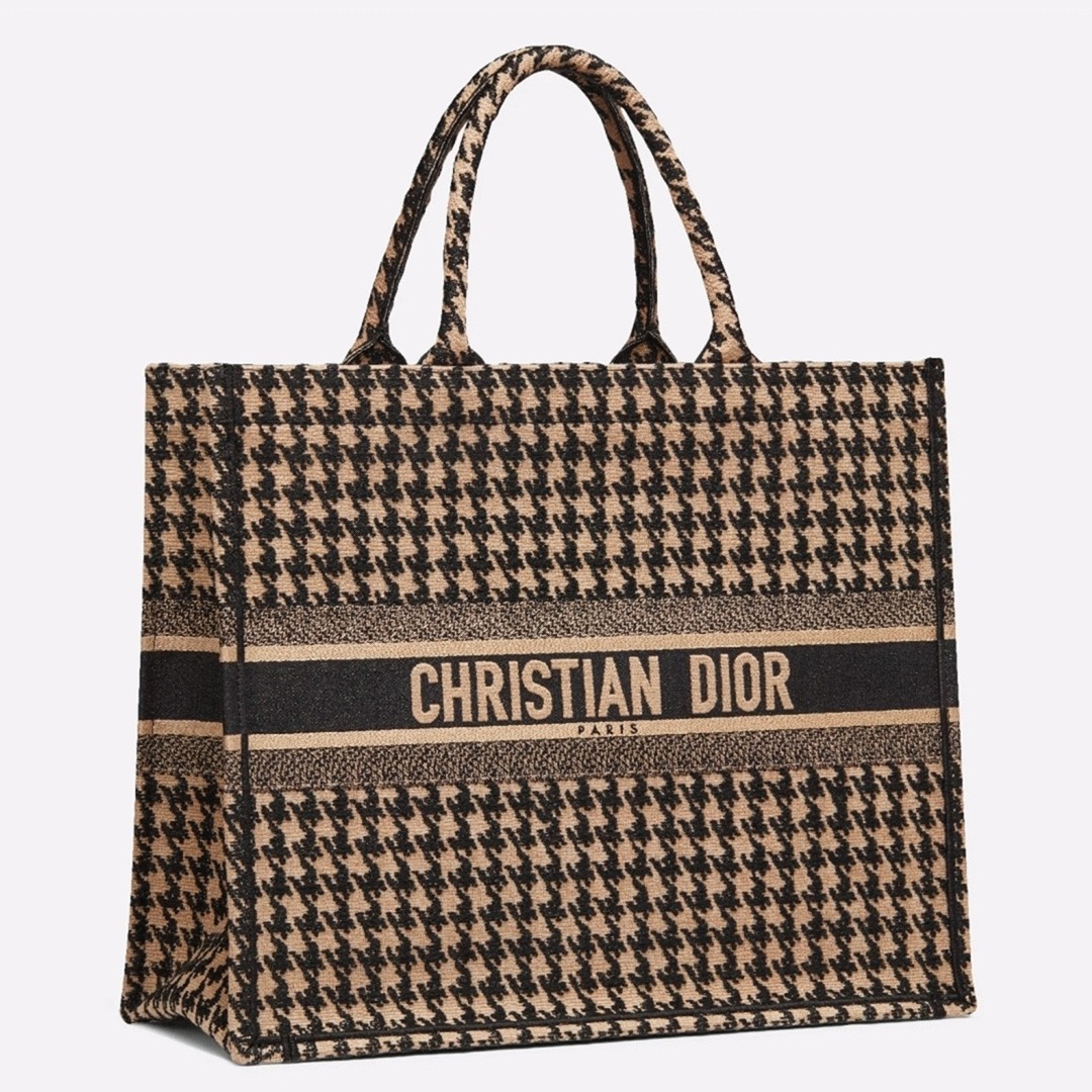 Dior Large Book Tote Bag Replica in Beige Houndstooth Embroidery Canvas