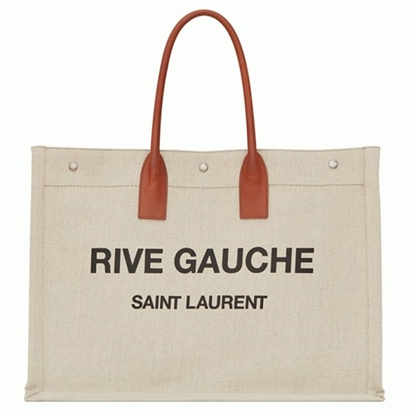 Knockoff Saint Laurent Rive Gauche Tote Bag White Linen and Brown Leather