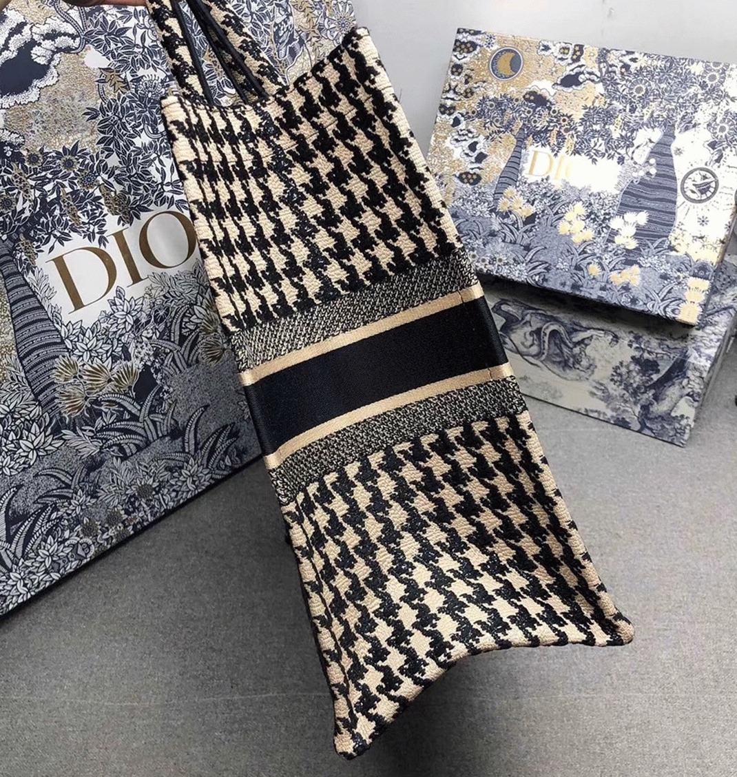 Dior Large Book Tote Bag Replica in Beige Houndstooth Embroidery Canvas