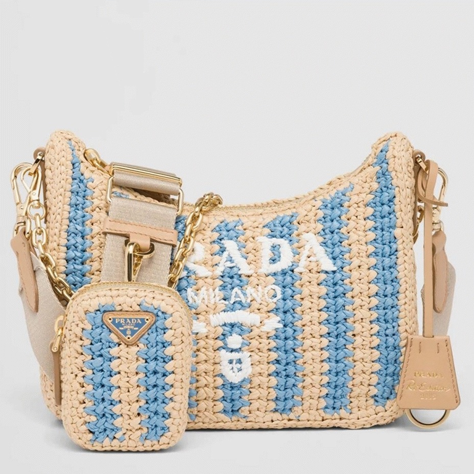 Prada Re-Edition Bag Fake in Beige and Blue Stripe
