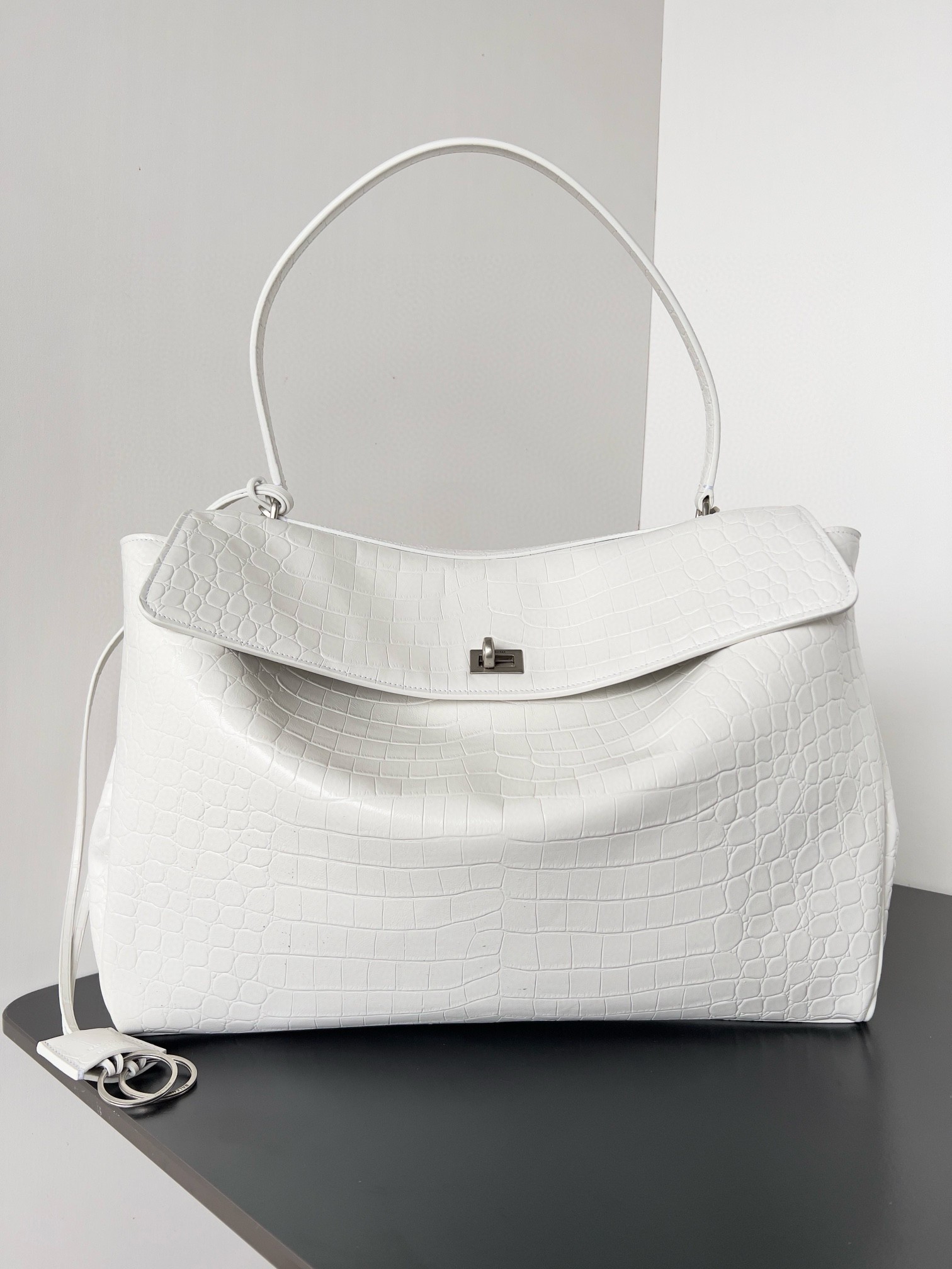 Knockoff Balenciaga Rodeo Large Bag White Crocodile Embossed Calfskin