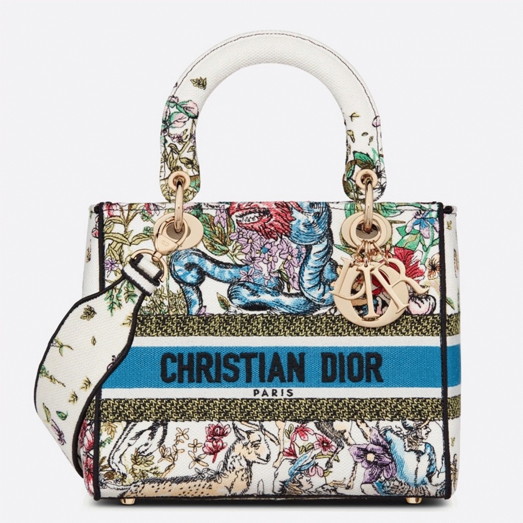 Dior Lady D-Lite Medium Bag Fake in White D-Constellation Embroidery