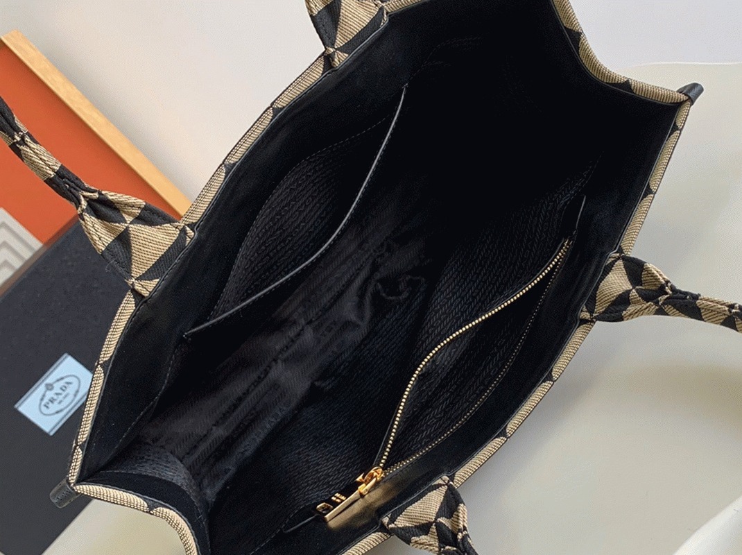 Prada Symbole Large Bag Knockoff in Black/Beige Jacquard Fabric