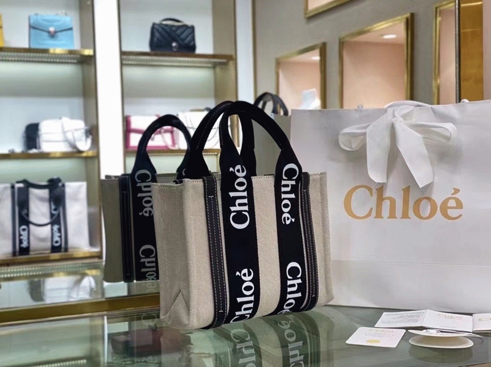 Top Quality Replica Chloe Small Woody Tote Bag in Canvas with Black Leather Strips