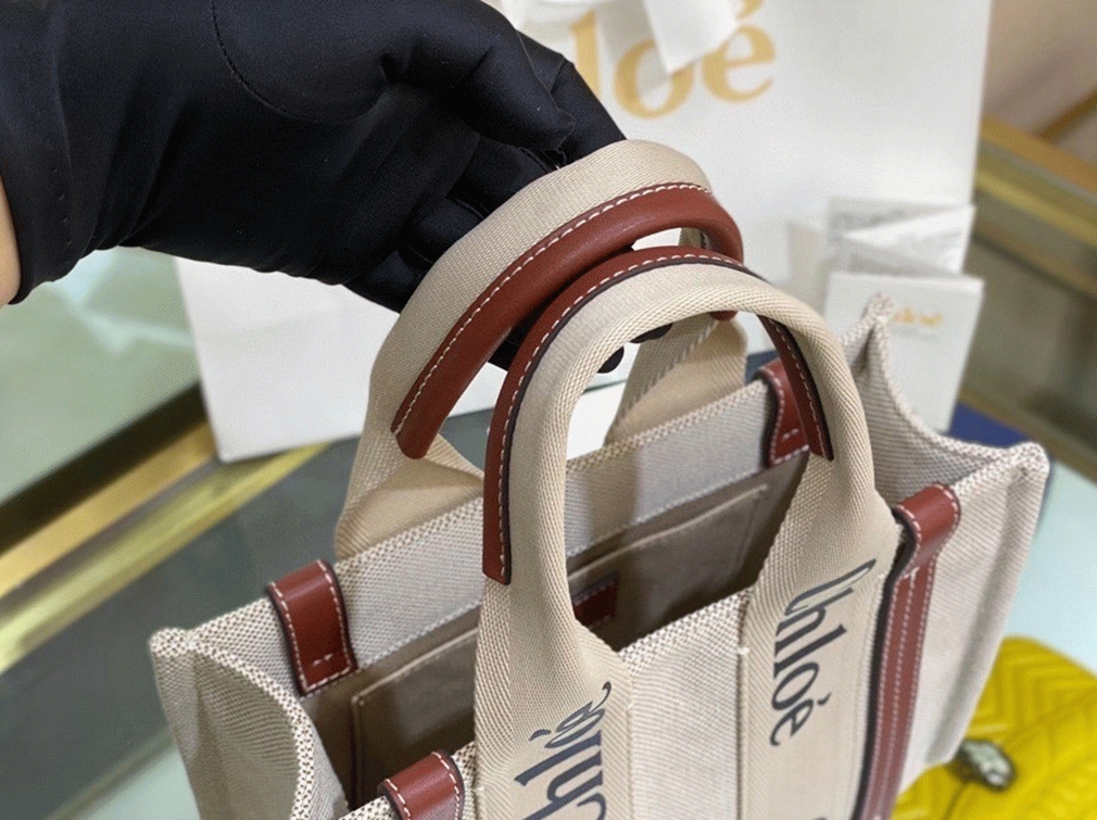 Top Quality Replica Chloe Small Woody Tote Bag in Canvas with Camel Leather Strips