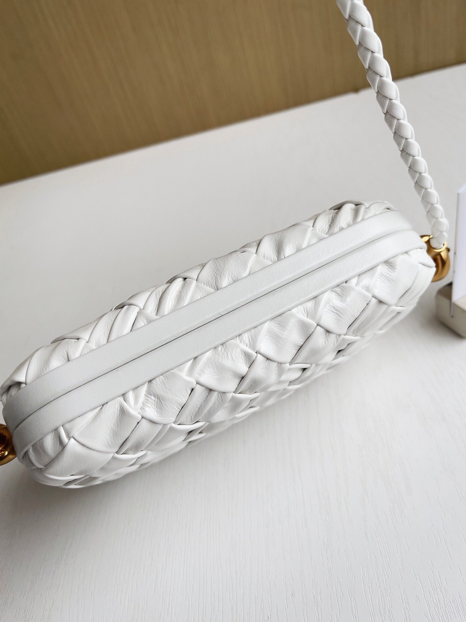 Replica Bottega Veneta Knot Minaudiere On Strap White Foulard Intreccio Leather