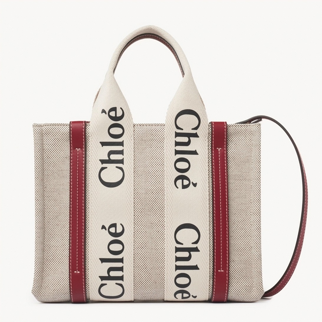 Top Quality Replica Chloe Small Woody Tote Bag in Canvas with Camel Leather Strips