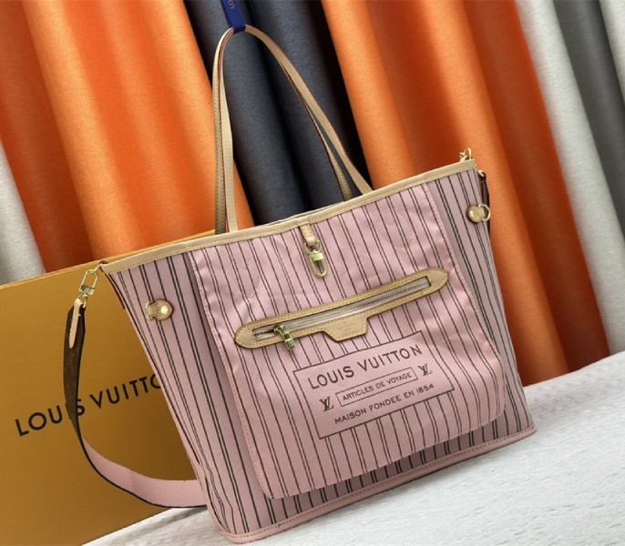 Louis Vuitton Neverfull Bandouliere Inside Out MM Tote In Monogram Canvas And Peony Pink Textile