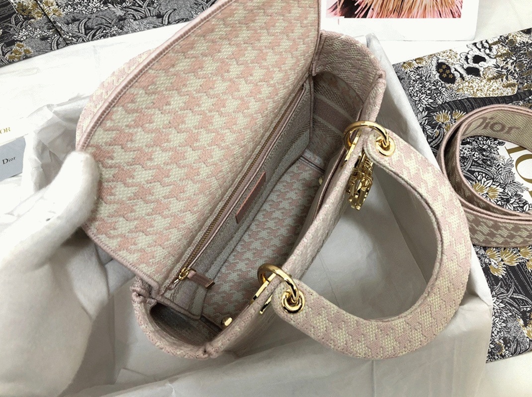 Dior Lady D-Lite Medium Bag Knockoff in Pink   White Houndstooth Embroidery