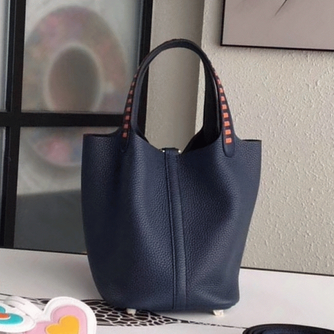Navy blue fake Hermes Picotin Lock 18cm handbag with braided handles