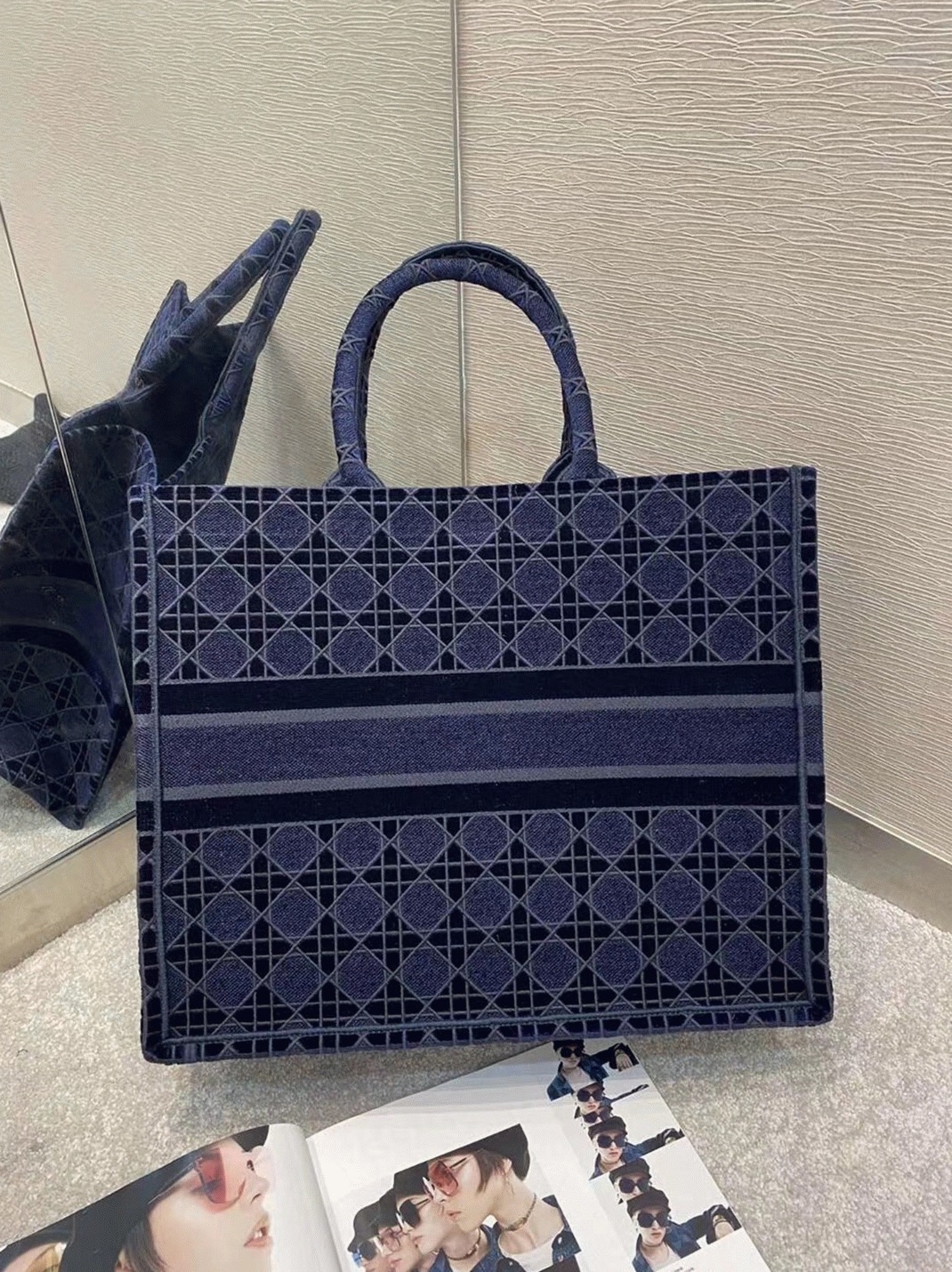 Dior Large Book Tote Bag Knockoff in Blue Cannage Embroidered Velvet