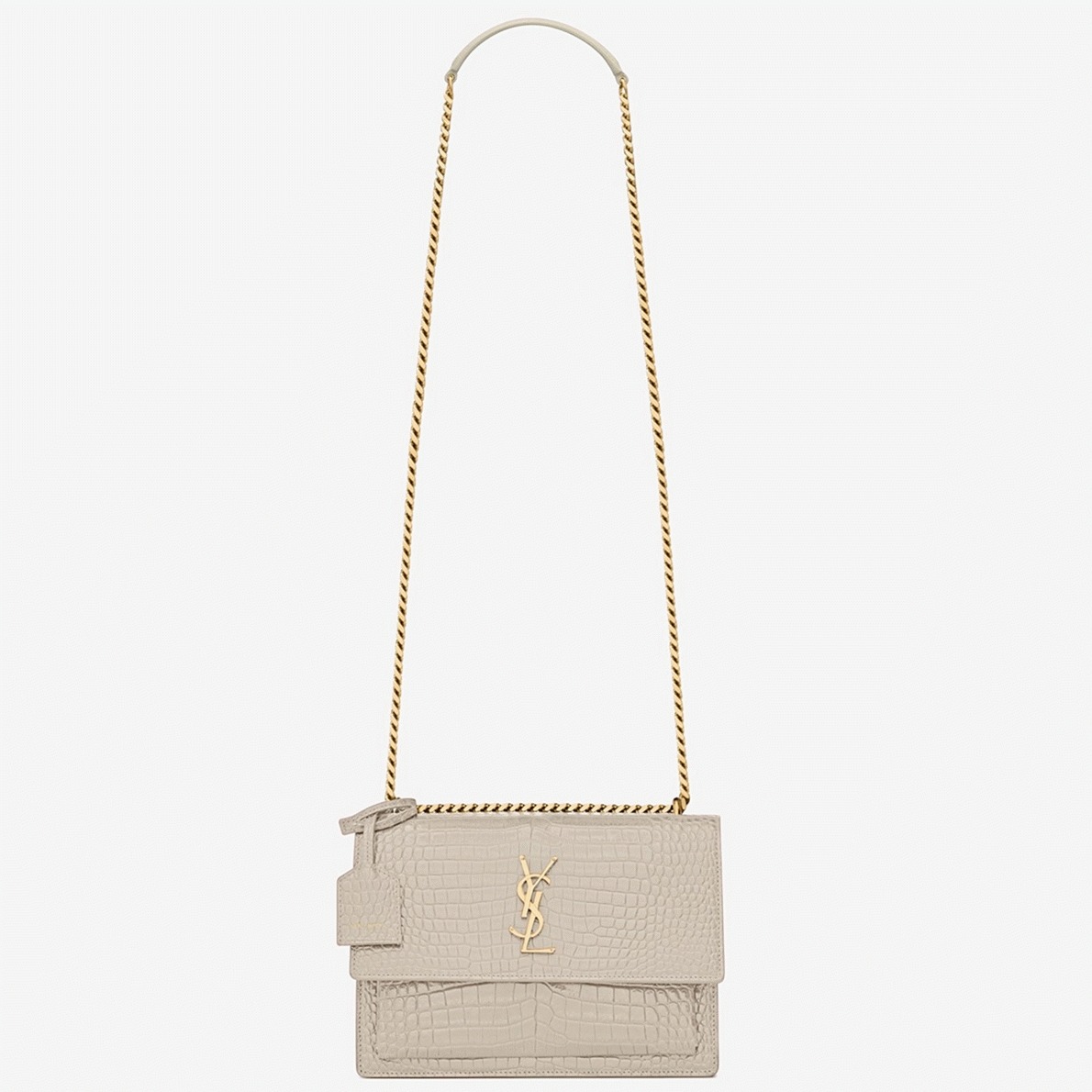 Fake Saint Laurent Sunset Medium Chain Bag Ivory Crocodile-embossed Leather