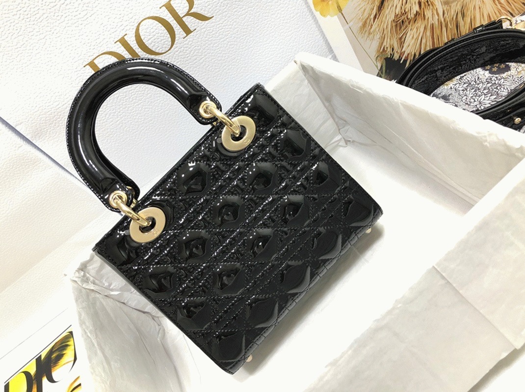 Dior Small Lady Dior Bag Knockoff in Black Patent Cannage Calfskin