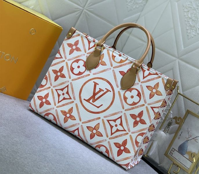 Louis Vuitton LV By The Pool Monogram Tiles Canvas Onthego MM Tote In Coral