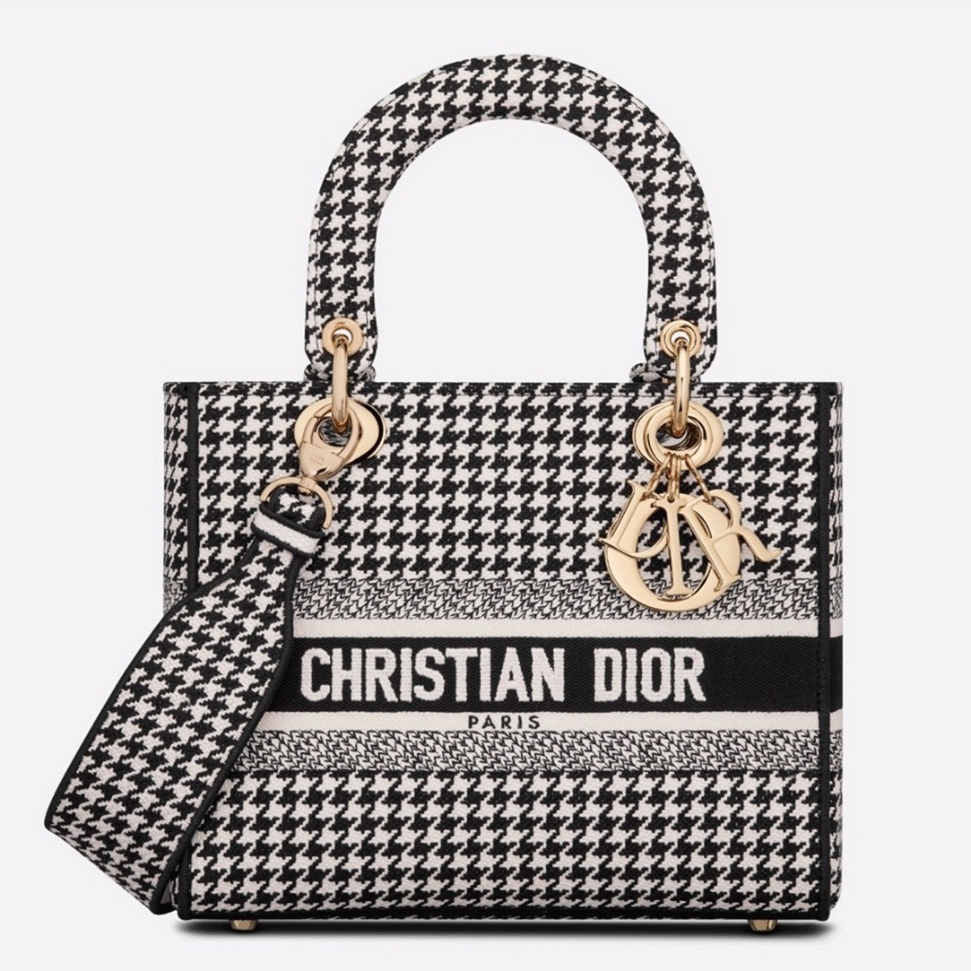 Dior Lady D-Lite Medium Bag Replica in Black   White Houndstooth Embroidery