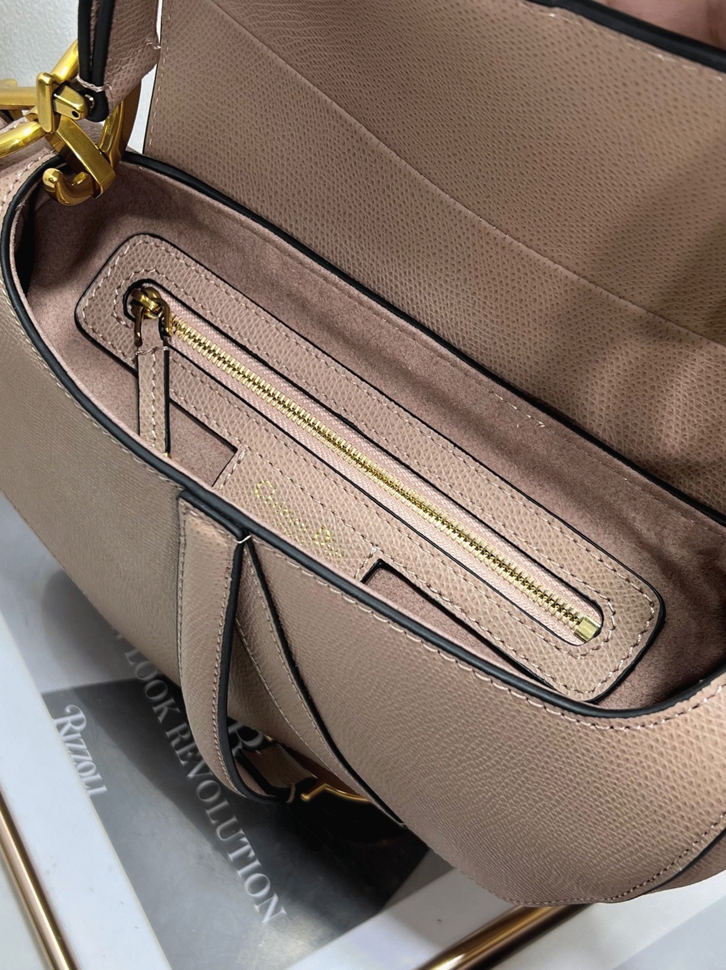Dior Saddle Bag with Strap Faux in Warm Taupe Grained Calfskin