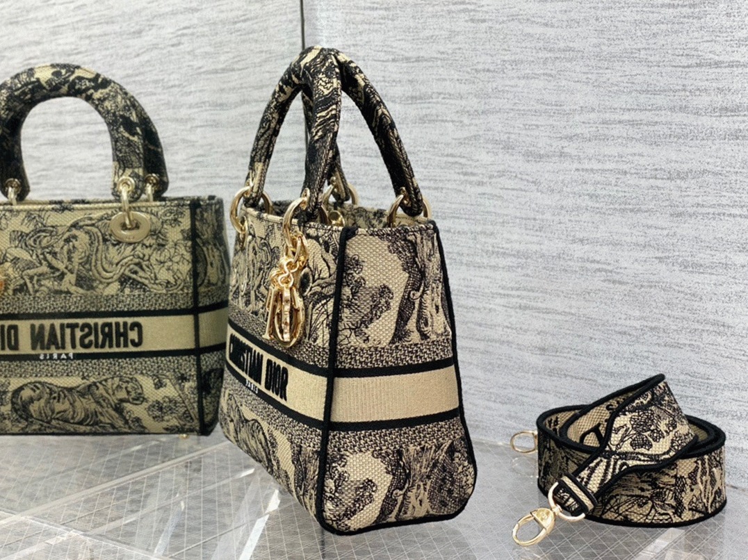 Dior Lady D-Lite Medium Bag Faux in Brown Toile de Jouy Embroidery