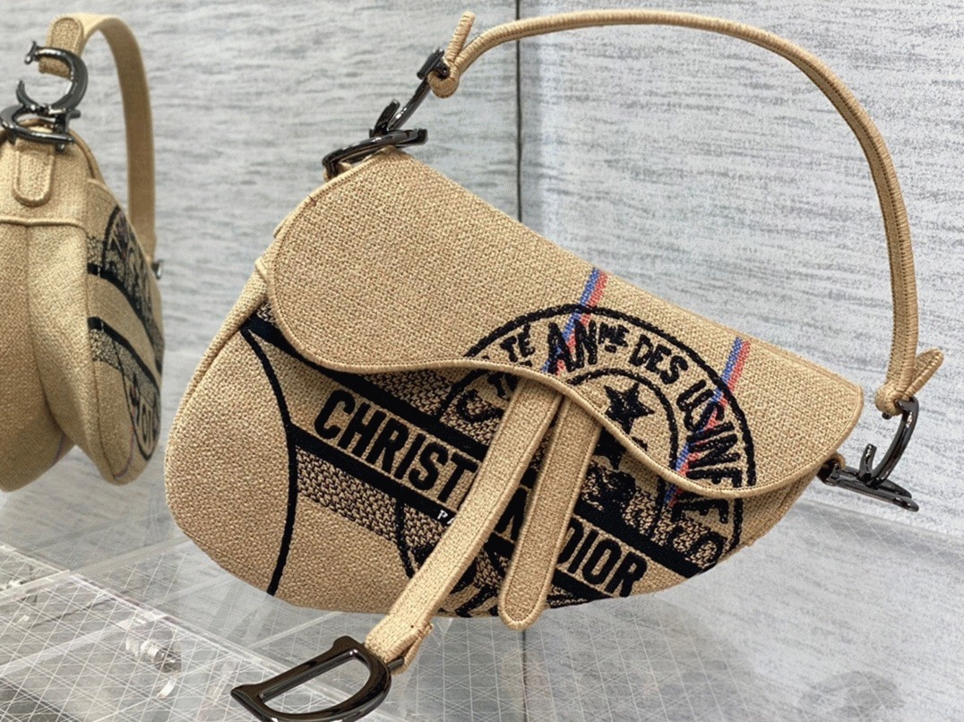 Dior Saddle Bag Knockoff in Beige Jute Canvas with Dior Union Motif