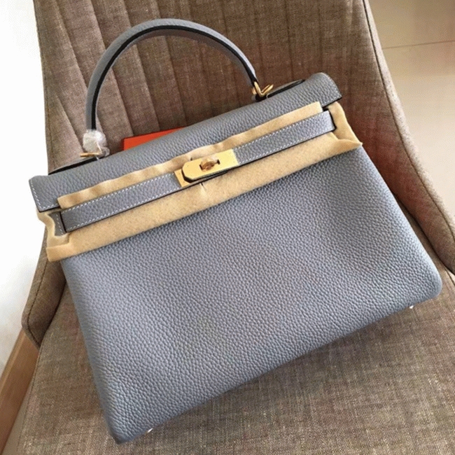 Blue Lin Clemence Fake Hermes Kelly Retourne 32cm Soft Handbag