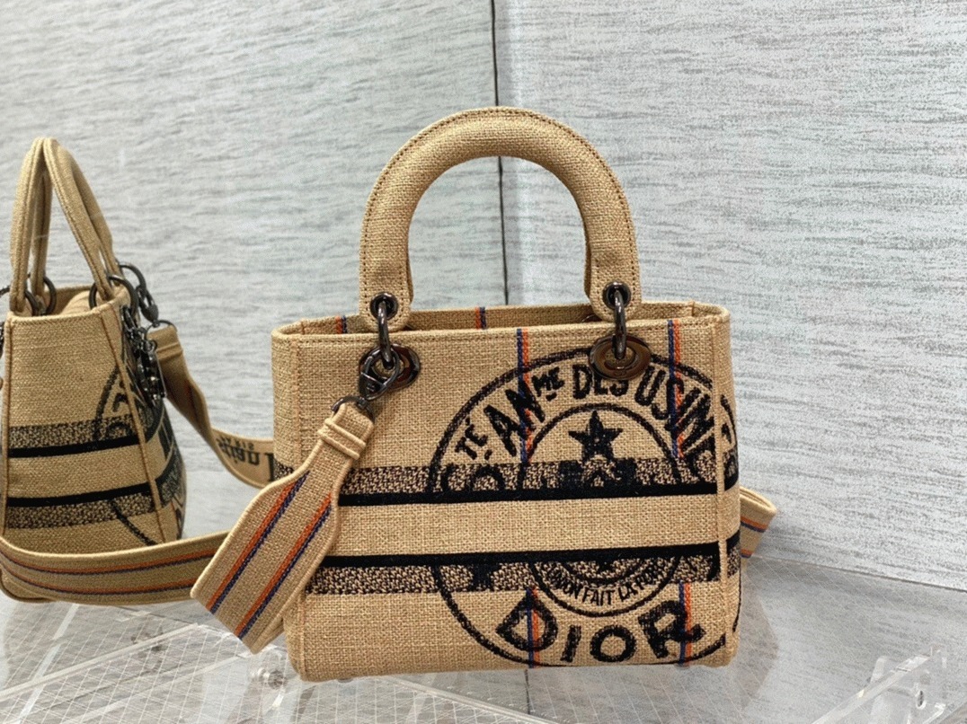 Dior Lady D-Lite Medium Bag Fake in Beige Jute Canvas with Dior Union Motif