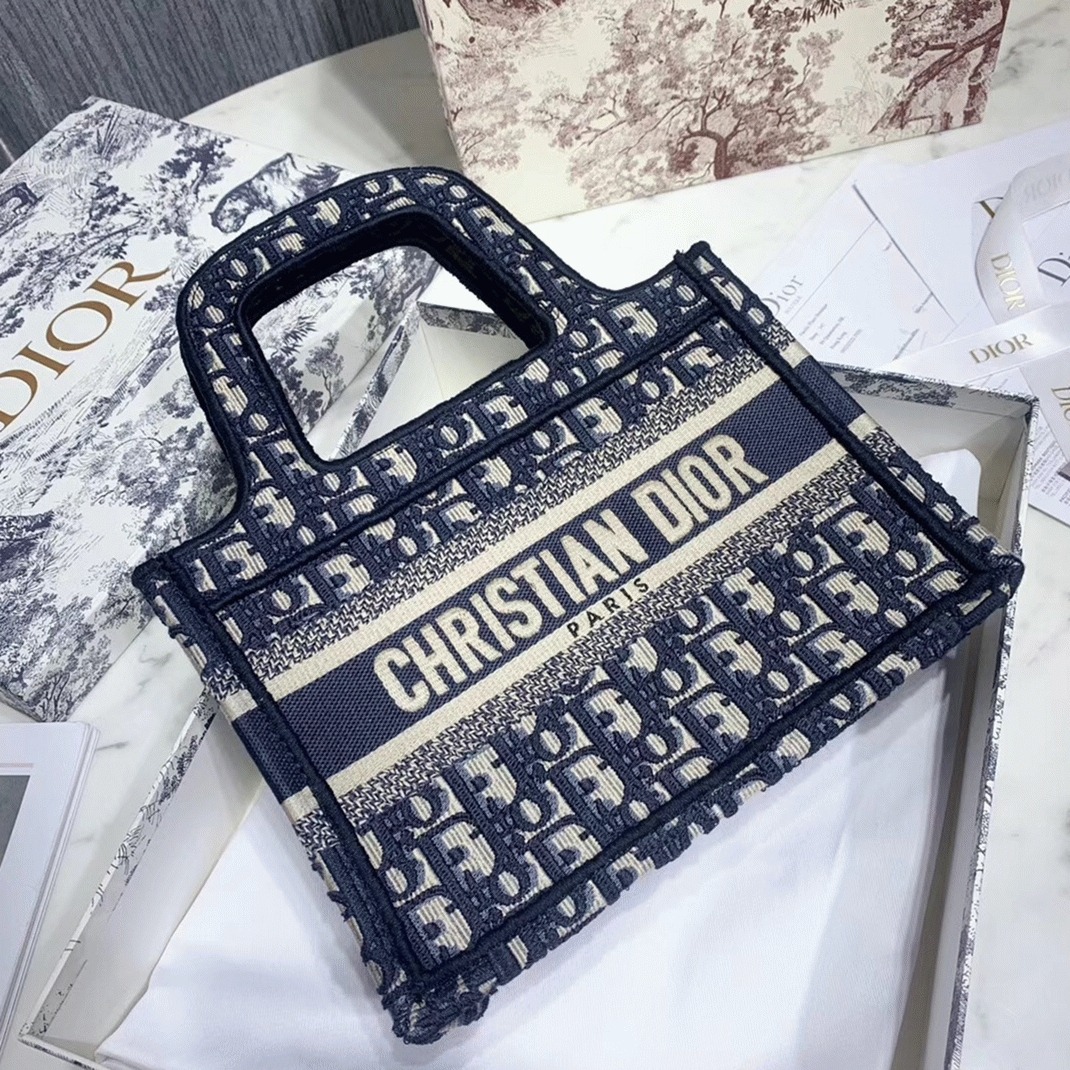 Dior Mini Book Tote Bag Fake in Blue Dior Oblique Embroidery