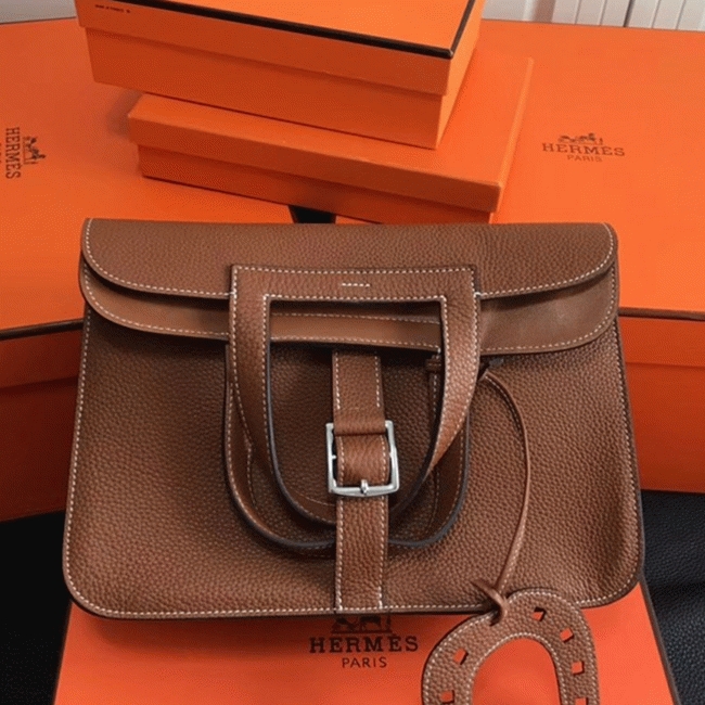 Brown Knockoff Hermes Halzan Classic Leather Handbag