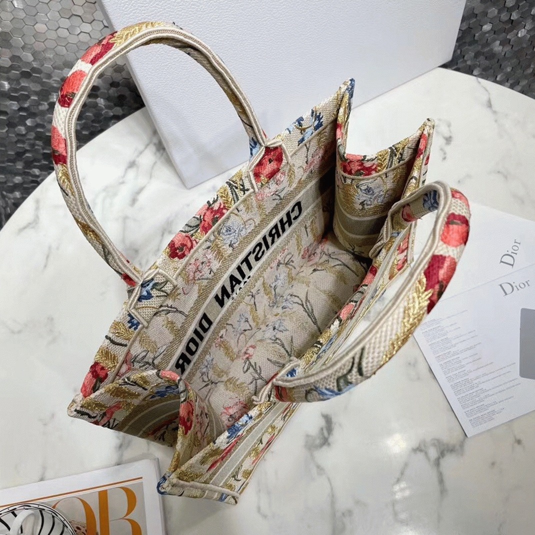 Dior Medium Book Tote Bag Fake in Hibiscus Metallic Thread Embroidery