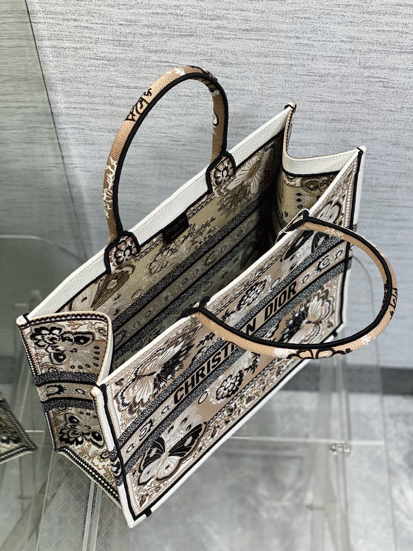 Dior Large Book Tote Bag Fake in Beige Butterfly Bandana Embroidery