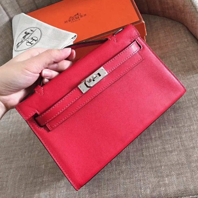 Red Swift Top Fake Hermes Kelly Pochette Statement Clutch