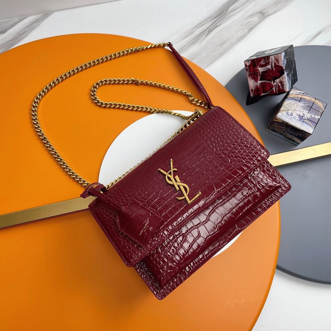 Fake Saint Laurent Sunset Medium Chain Bag Bordeaux Crocodile-embossed Leather