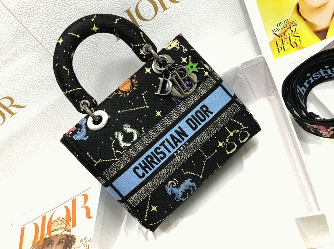 Dior Lady D-Lite Medium Bag Faux in Black Pixel Zodiac Embroidery