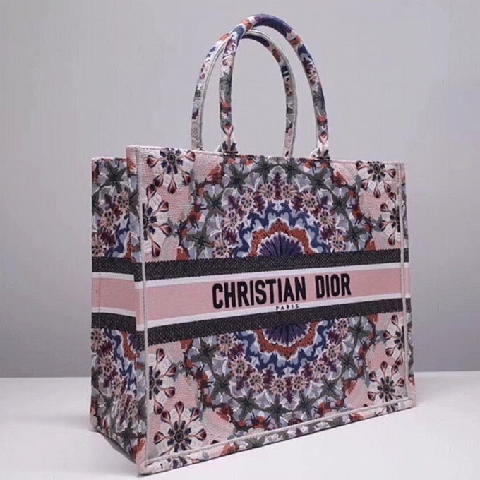 Dior Large Book Tote Bag Fake in Pink KaleiDiorscopic Embroidered Cotton