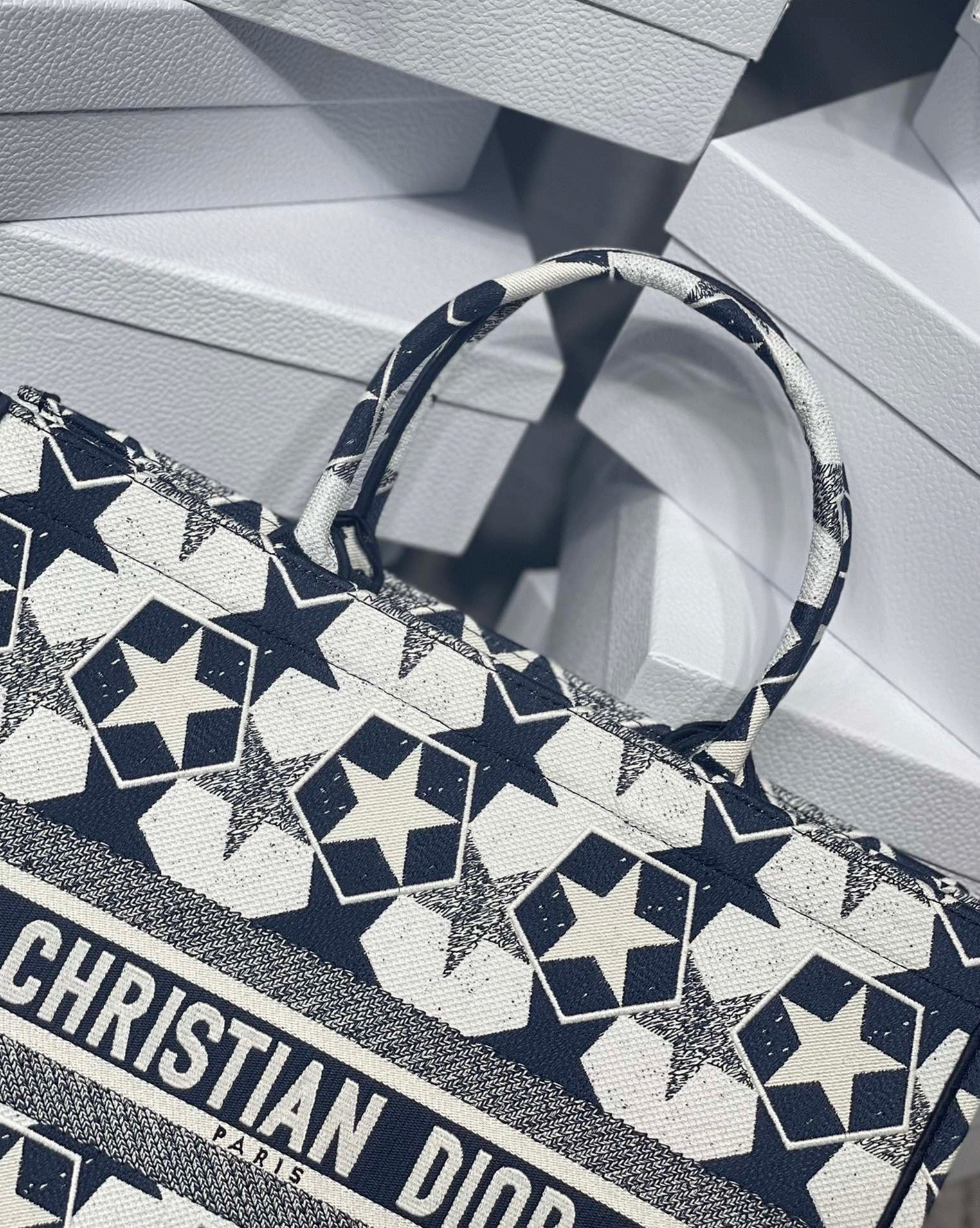 Dior Large Book Tote Bag Knockoff in Blue and White Dior Etoile Embroidery